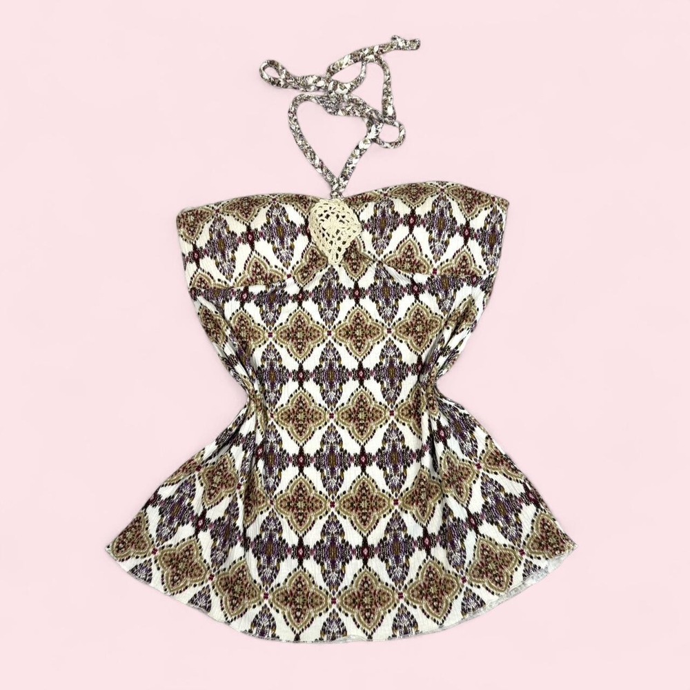 Deadstock NWT y2k Self Esteem purple & brown boho patterned halter top